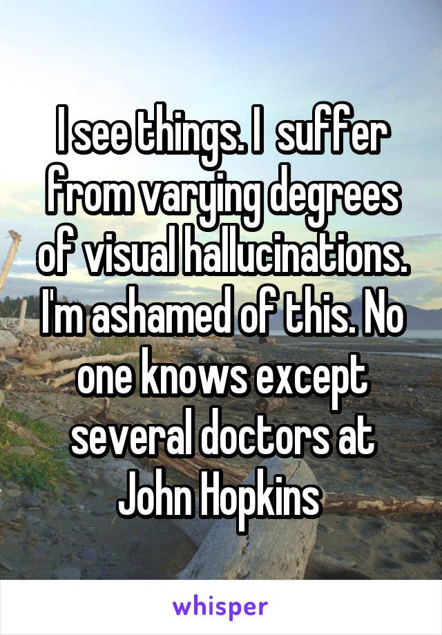 I see things. I  suffer from varying degrees of visual hallucinations. I'm ashamed of this. No one knows except several doctors at John Hopkins 