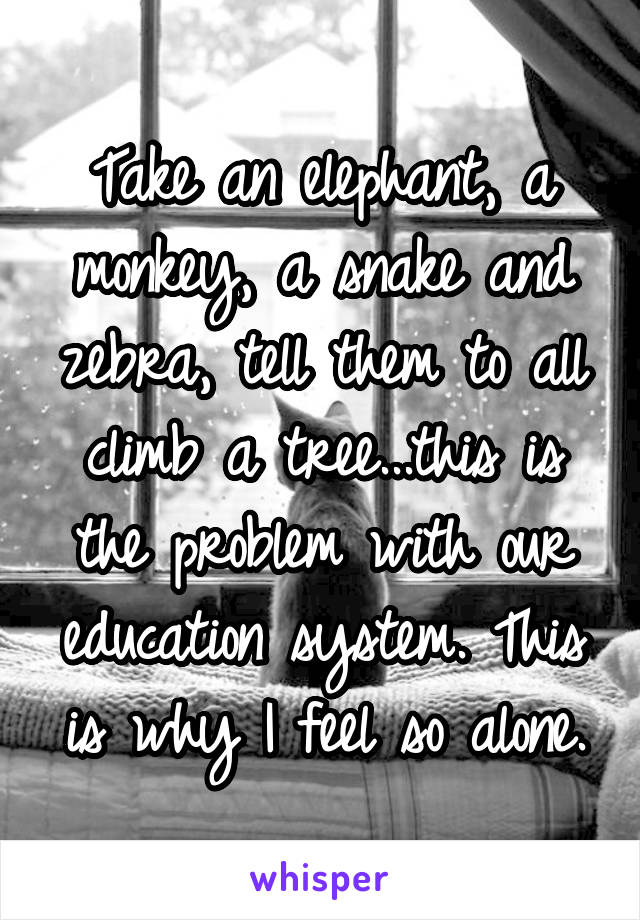 Take an elephant, a monkey, a snake and zebra, tell them to all climb a tree...this is the problem with our education system. This is why I feel so alone.