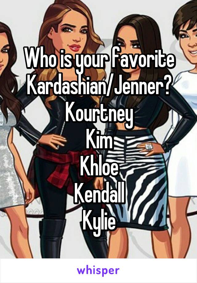 Who is your favorite Kardashian/Jenner?
Kourtney
Kim
Khloe
Kendall
Kylie