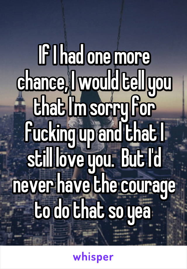 If I had one more chance, I would tell you that I'm sorry for fucking up and that I still love you.  But I'd never have the courage to do that so yea 