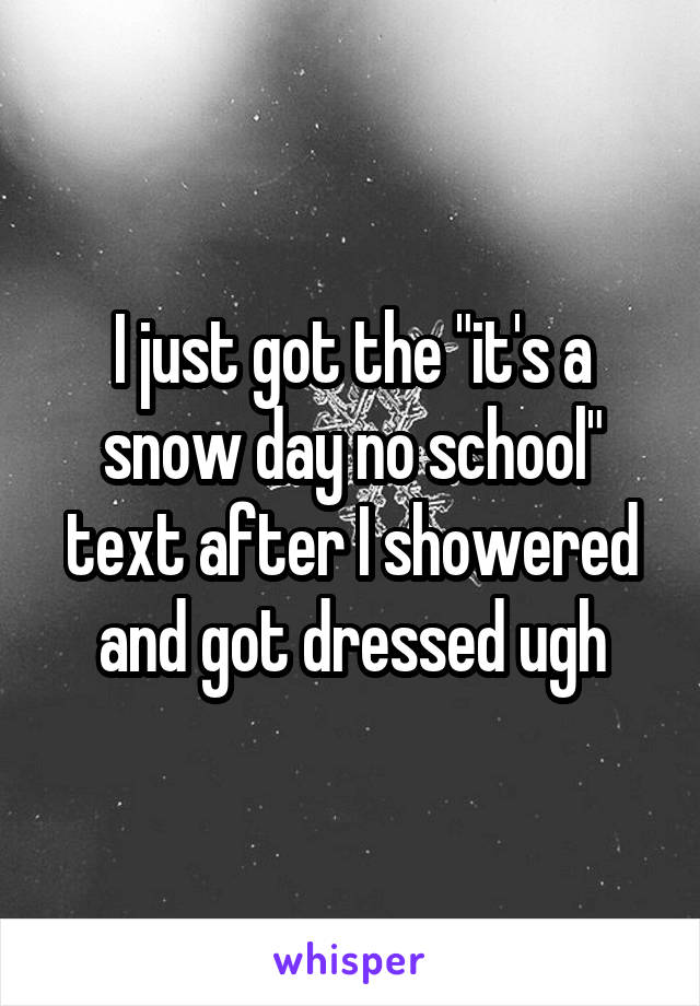 I just got the "it's a snow day no school" text after I showered and got dressed ugh