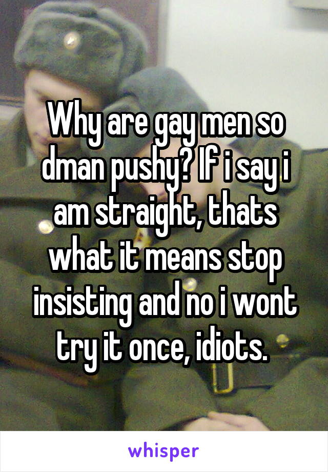 Why are gay men so dman pushy? If i say i am straight, thats what it means stop insisting and no i wont try it once, idiots. 