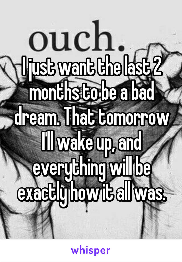 I just want the last 2 months to be a bad dream. That tomorrow I'll wake up, and everything will be exactly how it all was.