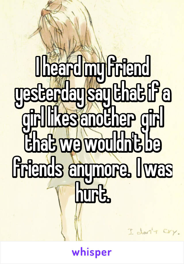 I heard my friend yesterday say that if a girl likes another  girl that we wouldn't be friends  anymore.  I was hurt.