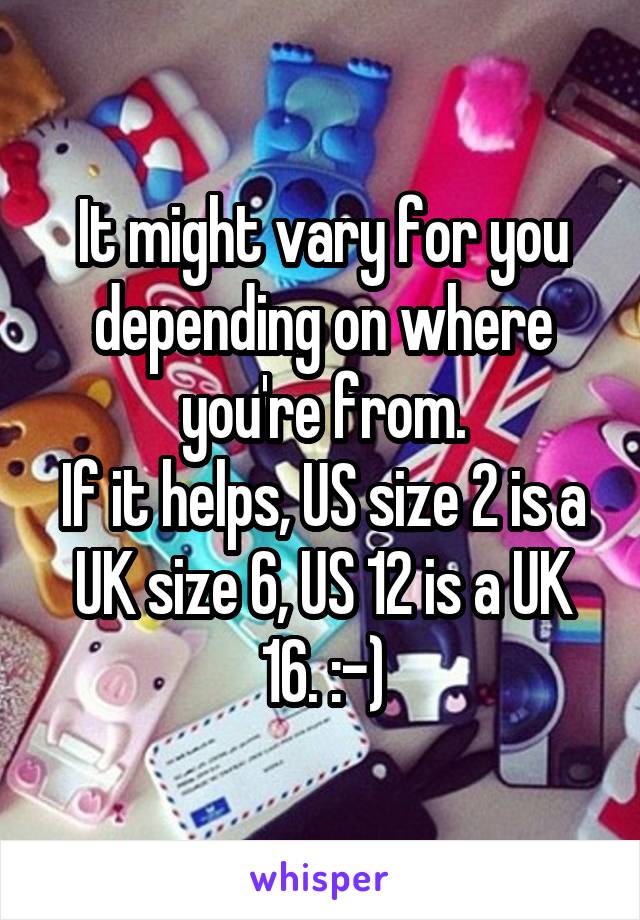 It might vary for you depending on where you're from.
If it helps, US size 2 is a UK size 6, US 12 is a UK 16. :-)