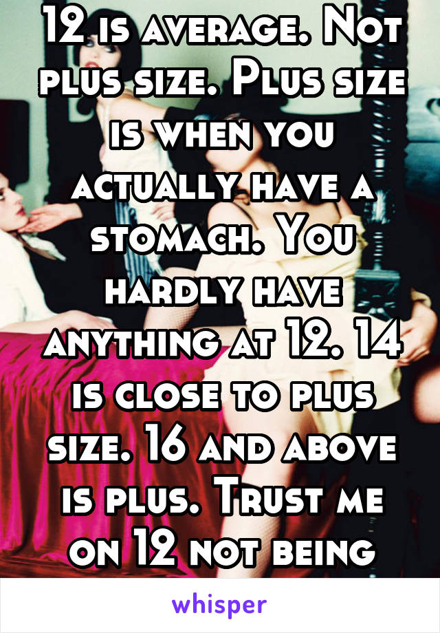 12 is average. Not plus size. Plus size is when you actually have a stomach. You hardly have anything at 12. 14 is close to plus size. 16 and above is plus. Trust me on 12 not being plus. I shop plus.