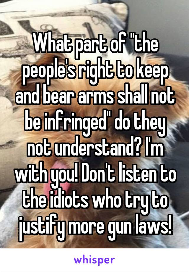 What part of "the people's right to keep and bear arms shall not be infringed" do they not understand? I'm with you! Don't listen to the idiots who try to justify more gun laws!