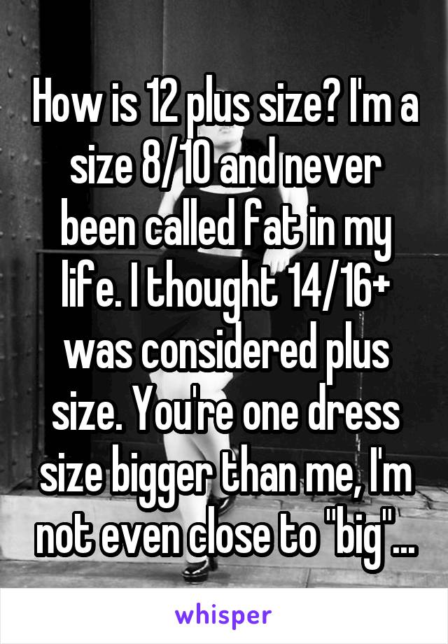 How is 12 plus size? I'm a size 8/10 and never been called fat in my life. I thought 14/16+ was considered plus size. You're one dress size bigger than me, I'm not even close to "big"...