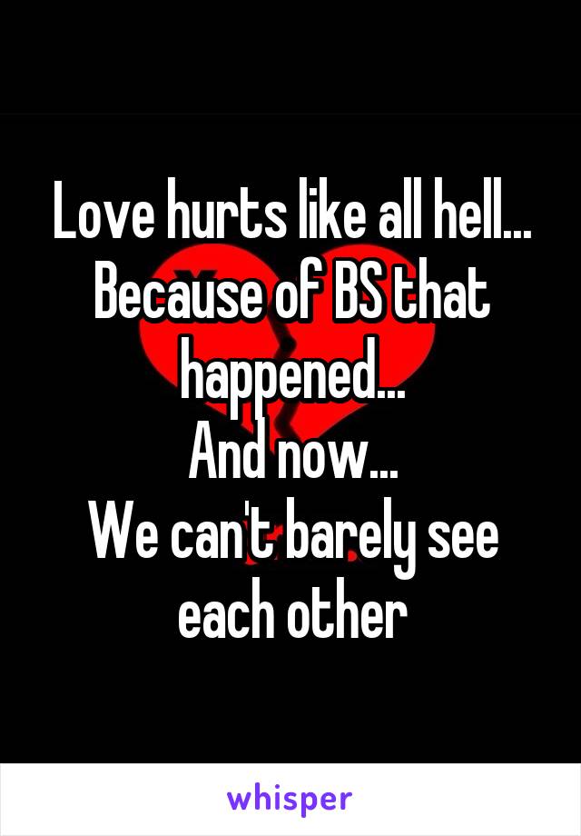 Love hurts like all hell...
Because of BS that happened...
And now...
We can't barely see each other