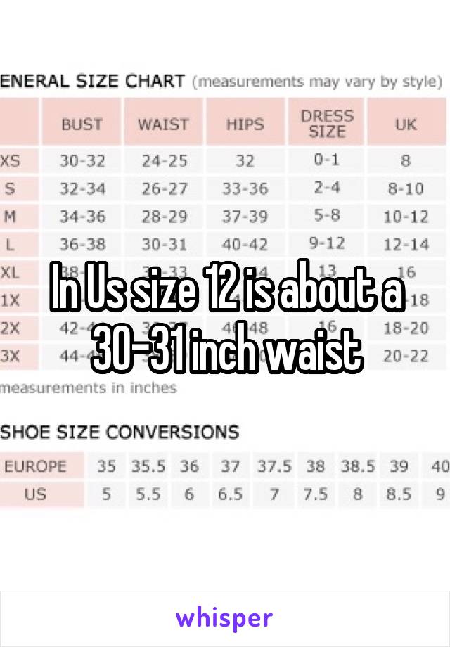 In Us size 12 is about a 30-31 inch waist