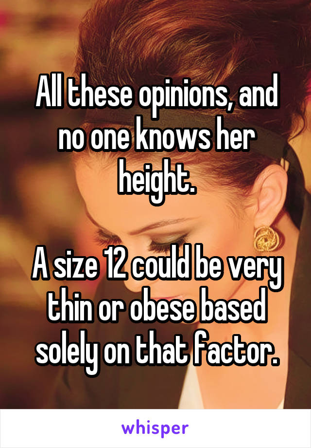 All these opinions, and no one knows her height.

A size 12 could be very thin or obese based solely on that factor.