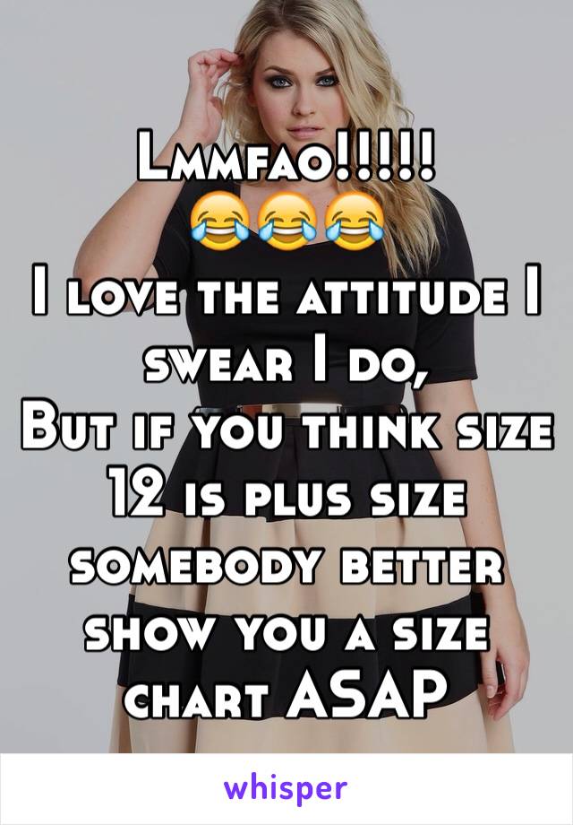 Lmmfao!!!!! 
😂😂😂
I love the attitude I swear I do, 
But if you think size 12 is plus size somebody better show you a size chart ASAP 