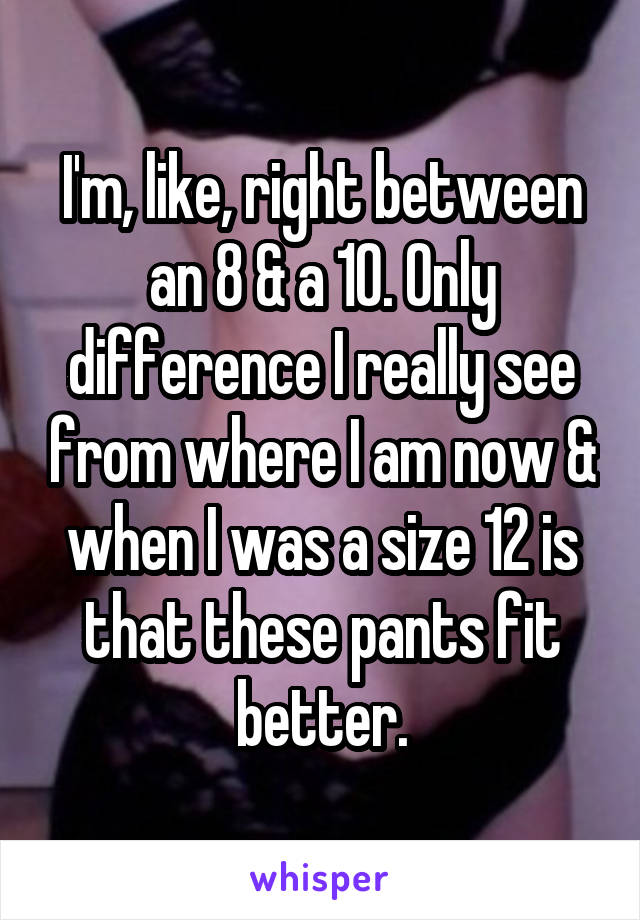 I'm, like, right between an 8 & a 10. Only difference I really see from where I am now & when I was a size 12 is that these pants fit better.