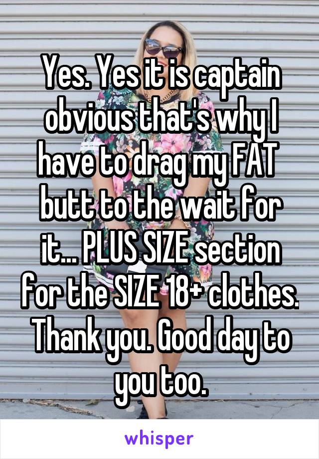 Yes. Yes it is captain obvious that's why I have to drag my FAT  butt to the wait for it... PLUS SIZE section for the SIZE 18+ clothes. Thank you. Good day to you too.