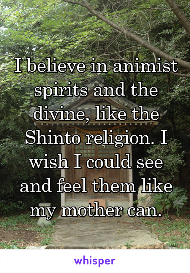 I believe in animist spirits and the divine, like the Shinto religion. I wish I could see and feel them like my mother can.