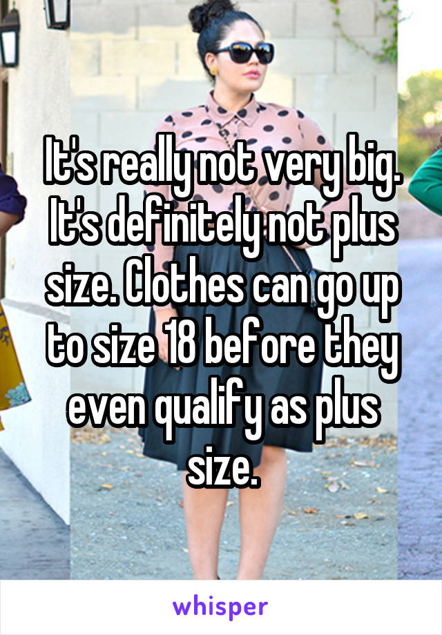 It's really not very big. It's definitely not plus size. Clothes can go up to size 18 before they even qualify as plus size.