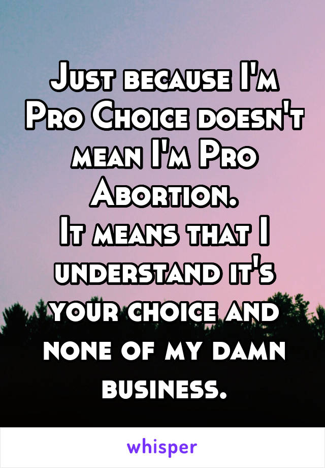 Just because I'm Pro Choice doesn't mean I'm Pro Abortion.
It means that I understand it's your choice and none of my damn business.