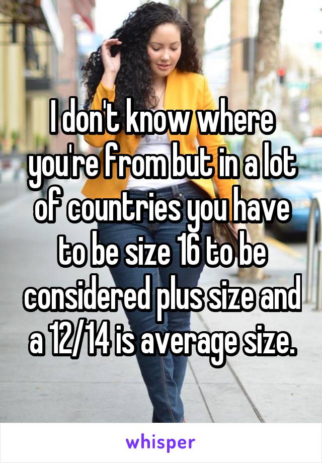 I don't know where you're from but in a lot of countries you have to be size 16 to be considered plus size and a 12/14 is average size.