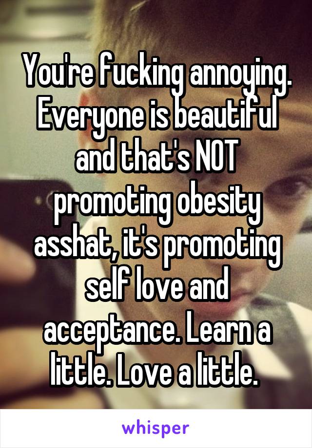 You're fucking annoying. Everyone is beautiful and that's NOT promoting obesity asshat, it's promoting self love and acceptance. Learn a little. Love a little. 