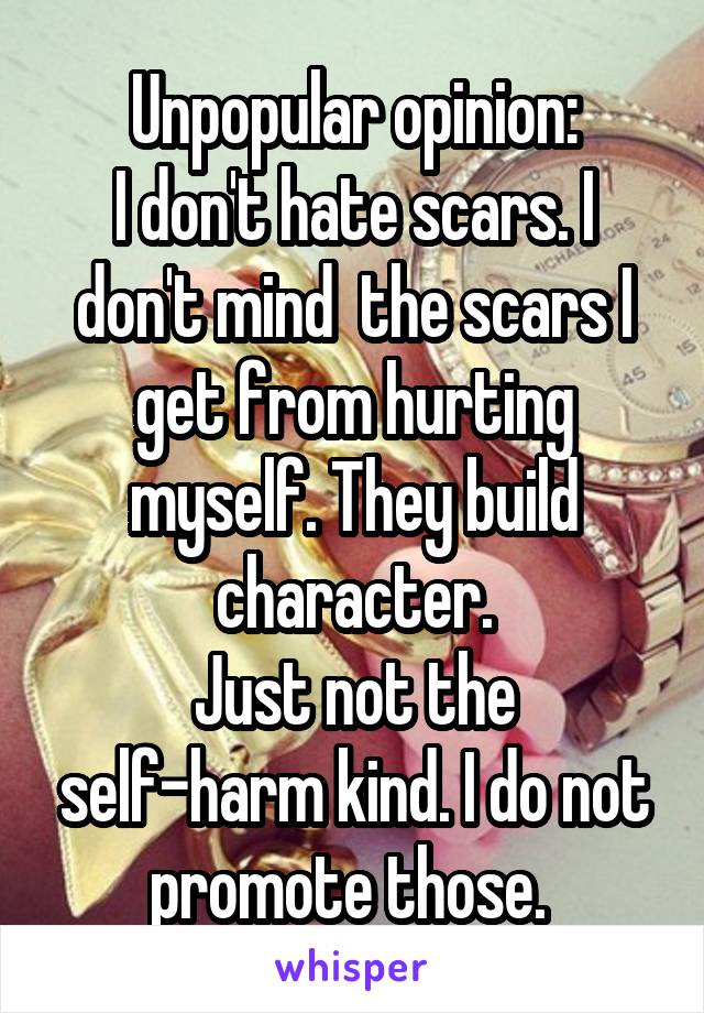 Unpopular opinion:
I don't hate scars. I don't mind  the scars I get from hurting myself. They build character.
Just not the self-harm kind. I do not promote those. 