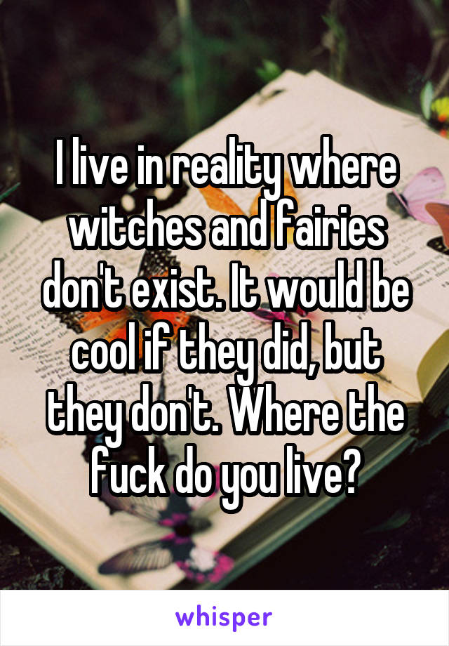 I live in reality where witches and fairies don't exist. It would be cool if they did, but they don't. Where the fuck do you live?