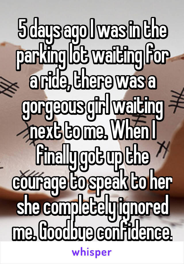 5 days ago I was in the parking lot waiting for a ride, there was a gorgeous girl waiting next to me. When I finally got up the courage to speak to her she completely ignored me. Goodbye confidence.