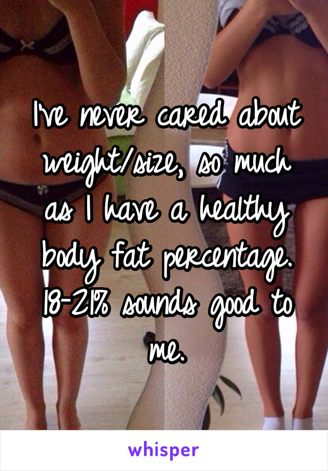 I've never cared about weight/size, so much as I have a healthy body fat percentage. 18-21% sounds good to me.