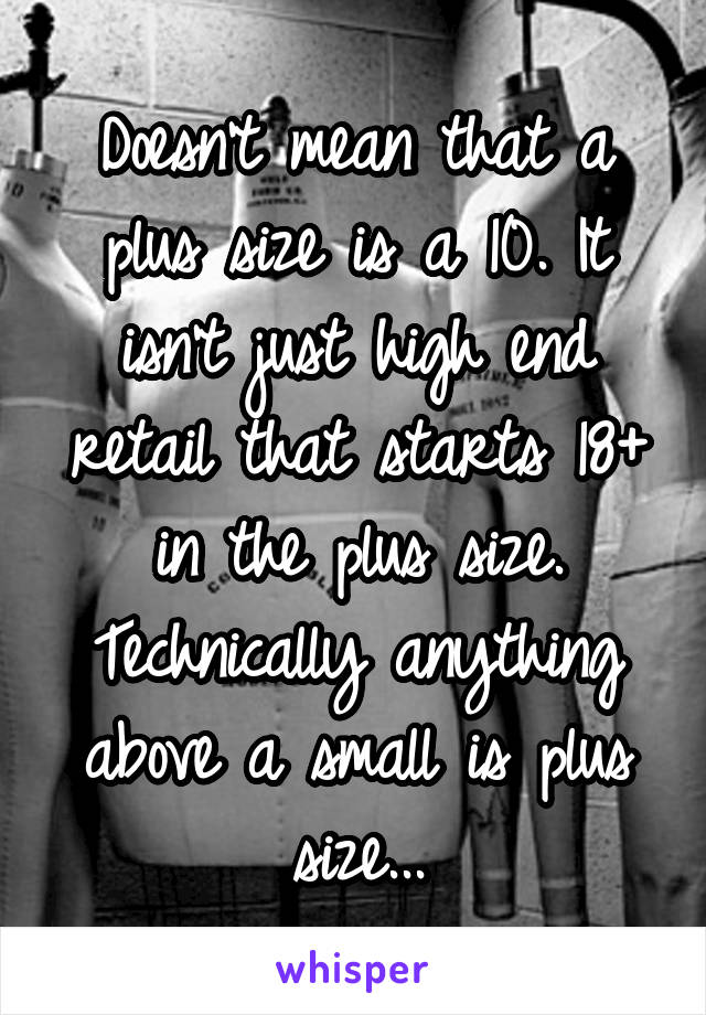 Doesn't mean that a plus size is a 10. It isn't just high end retail that starts 18+ in the plus size. Technically anything above a small is plus size...