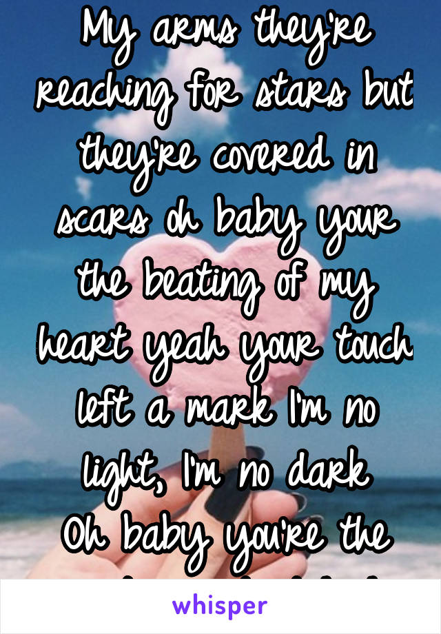 My arms they're reaching for stars but they're covered in scars oh baby your the beating of my heart yeah your touch left a mark I'm no light, I'm no dark
Oh baby you're the most important high