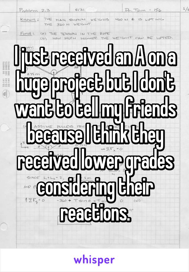 I just received an A on a huge project but I don't want to tell my friends because I think they received lower grades considering their reactions.