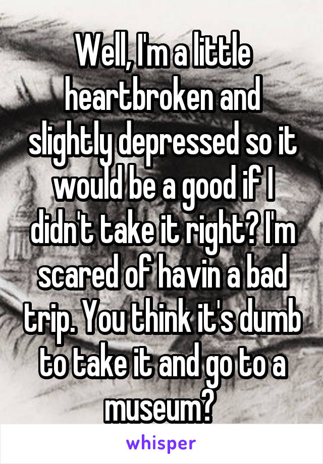 Well, I'm a little heartbroken and slightly depressed so it would be a good if I didn't take it right? I'm scared of havin a bad trip. You think it's dumb to take it and go to a museum? 