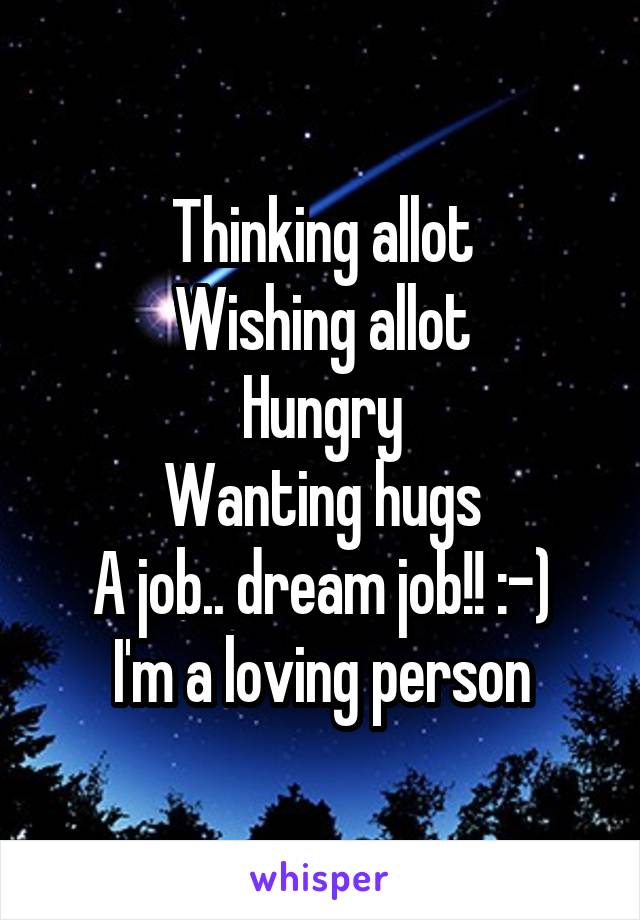 Thinking allot
Wishing allot
Hungry
Wanting hugs
A job.. dream job!! :-)
I'm a loving person