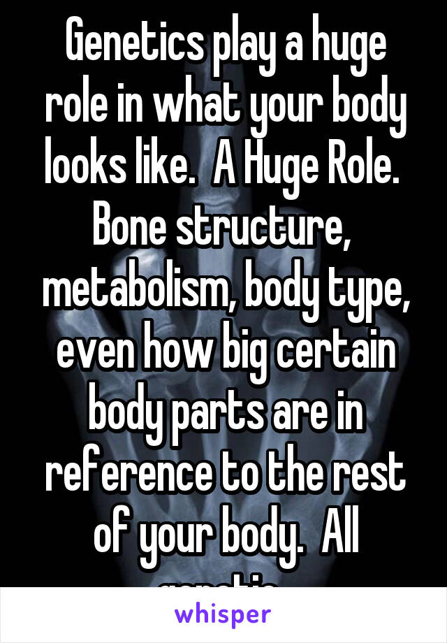 Genetics play a huge role in what your body looks like.  A Huge Role.  Bone structure,  metabolism, body type, even how big certain body parts are in reference to the rest of your body.  All genetic. 