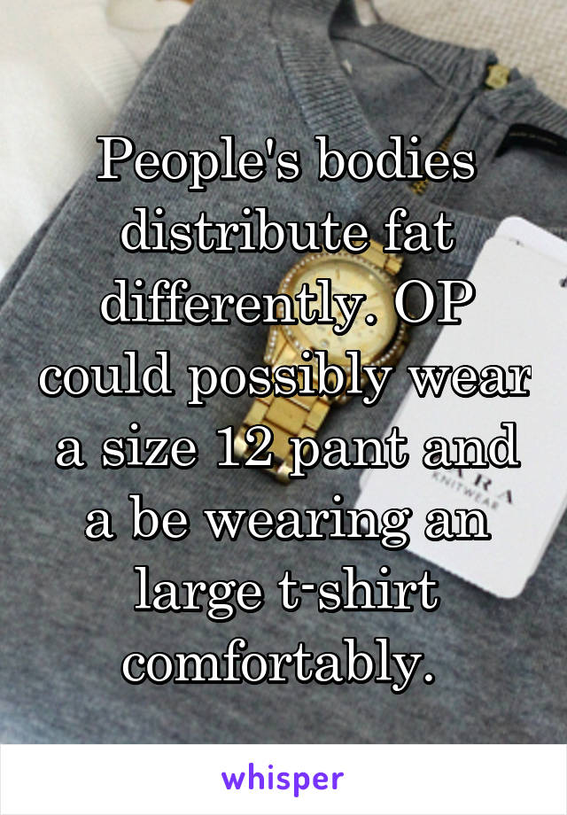 People's bodies distribute fat differently. OP could possibly wear a size 12 pant and a be wearing an large t-shirt comfortably. 