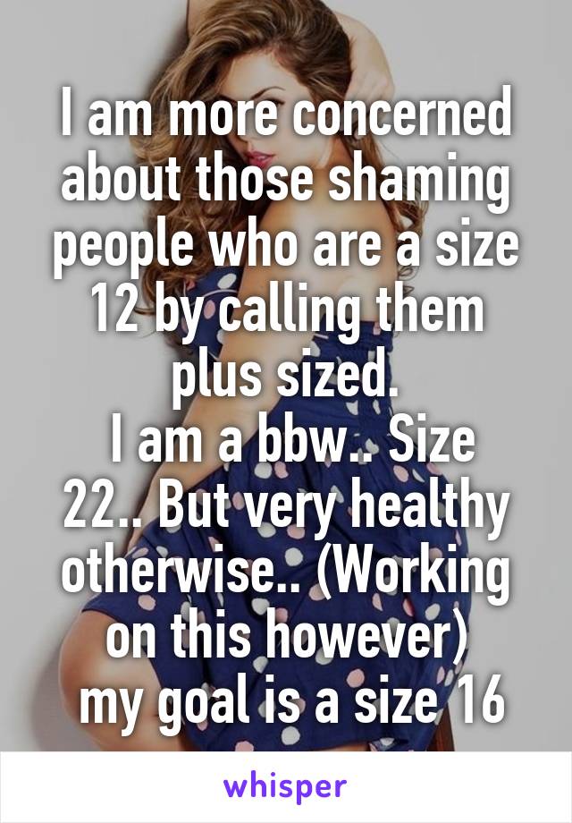 I am more concerned about those shaming people who are a size 12 by calling them plus sized.
 I am a bbw.. Size 22.. But very healthy otherwise.. (Working on this however)
 my goal is a size 16