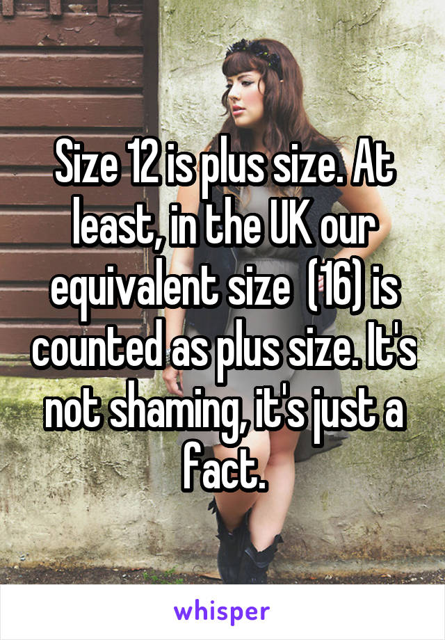 Size 12 is plus size. At least, in the UK our equivalent size  (16) is counted as plus size. It's not shaming, it's just a fact.