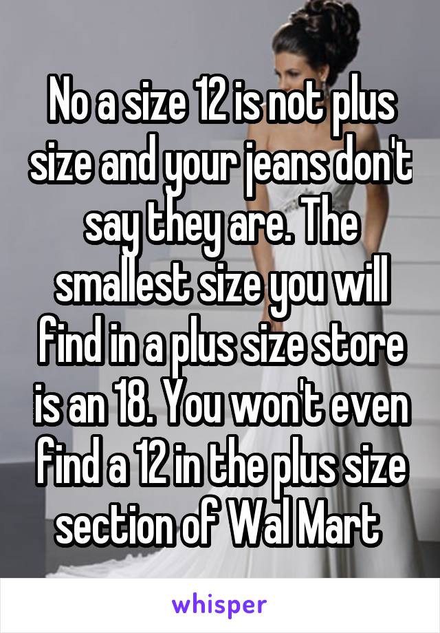 No a size 12 is not plus size and your jeans don't say they are. The smallest size you will find in a plus size store is an 18. You won't even find a 12 in the plus size section of Wal Mart 