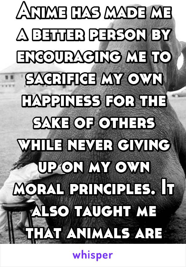 Anime has made me a better person by encouraging me to sacrifice my own happiness for the sake of others while never giving up on my own moral principles. It also taught me that animals are awesome.