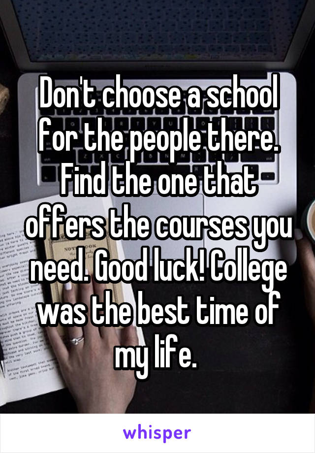 Don't choose a school for the people there. Find the one that offers the courses you need. Good luck! College was the best time of my life. 