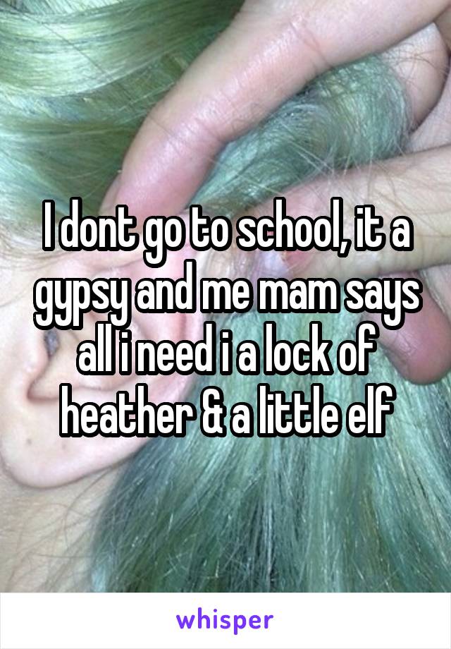 I dont go to school, it a gypsy and me mam says all i need i a lock of heather & a little elf