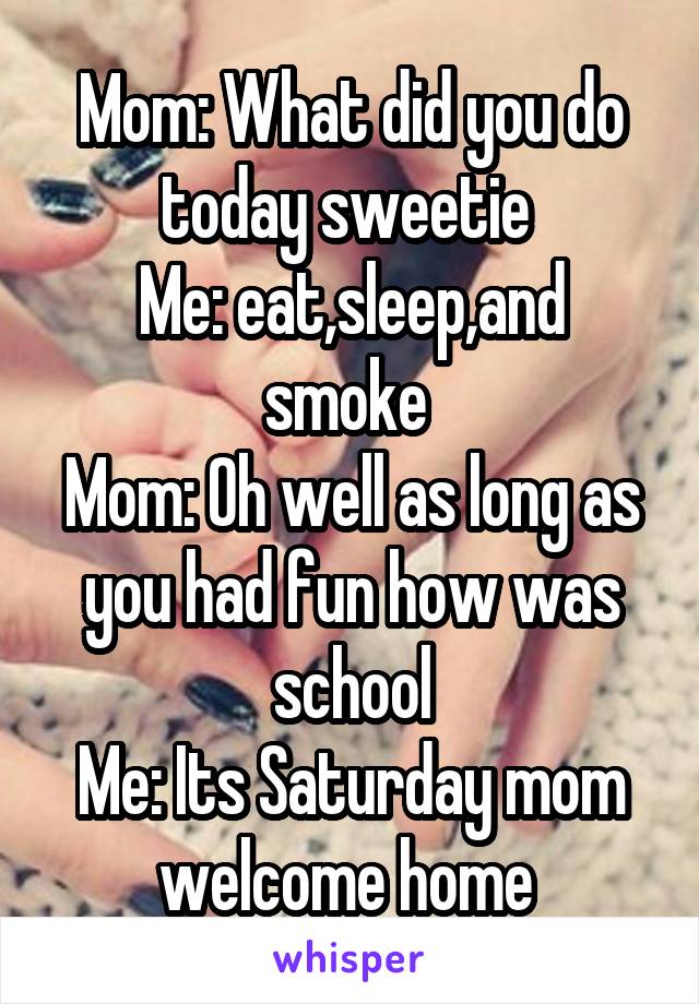 Mom: What did you do today sweetie 
Me: eat,sleep,and smoke 
Mom: Oh well as long as you had fun how was school
Me: Its Saturday mom welcome home 