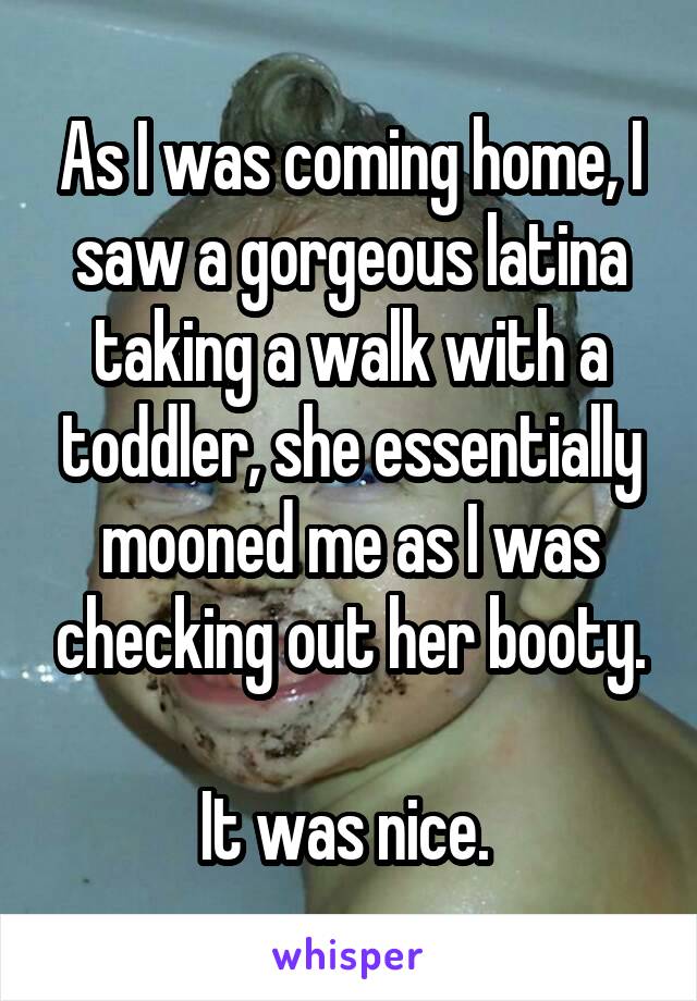 As I was coming home, I saw a gorgeous latina taking a walk with a toddler, she essentially mooned me as I was checking out her booty.

It was nice. 