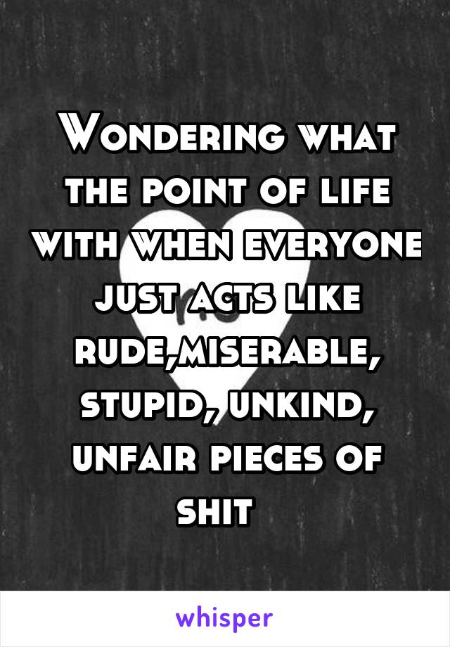 Wondering what the point of life with when everyone just acts like rude,miserable, stupid, unkind, unfair pieces of shit  