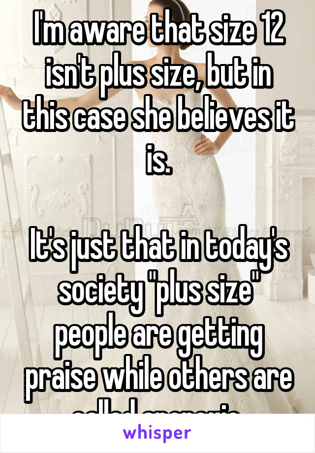 I'm aware that size 12 isn't plus size, but in this case she believes it is.

It's just that in today's society "plus size" people are getting praise while others are called anorexic 