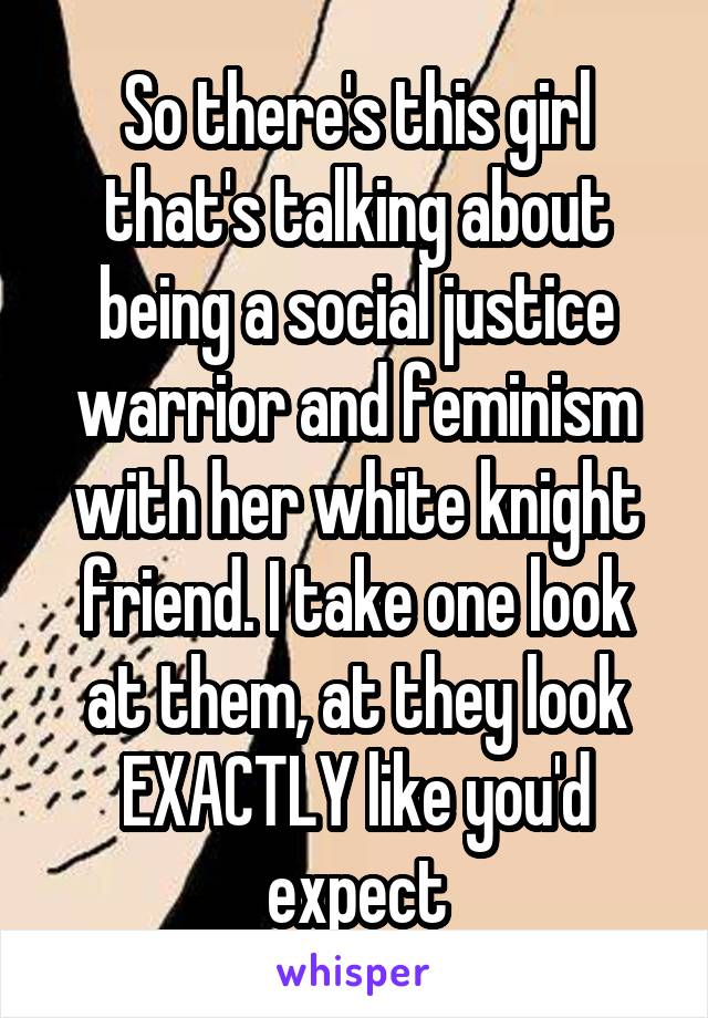 So there's this girl that's talking about being a social justice warrior and feminism with her white knight friend. I take one look at them, at they look EXACTLY like you'd expect