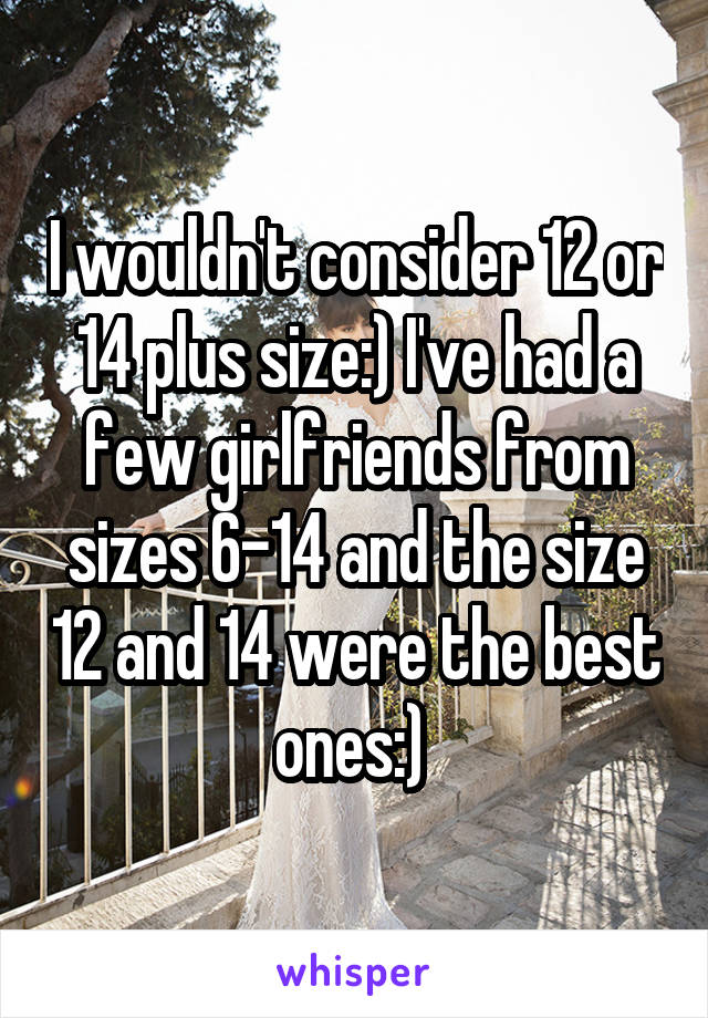 I wouldn't consider 12 or 14 plus size:) I've had a few girlfriends from sizes 6-14 and the size 12 and 14 were the best ones:) 