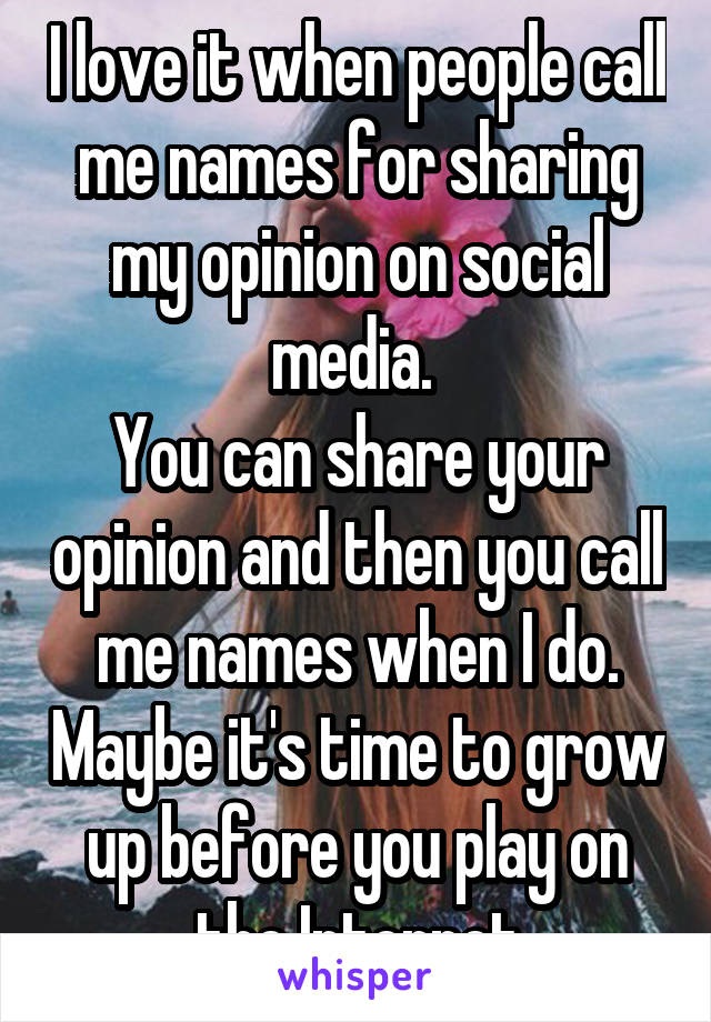 I love it when people call me names for sharing my opinion on social media. 
You can share your opinion and then you call me names when I do. Maybe it's time to grow up before you play on the Internet