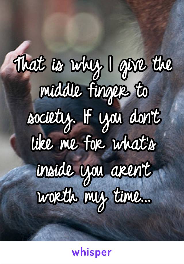 That is why I give the middle finger to society. If you don't like me for what's inside you aren't worth my time...