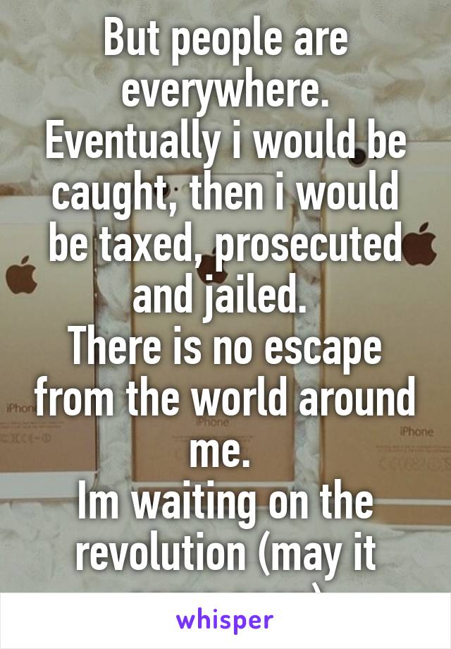 But people are everywhere. Eventually i would be caught, then i would be taxed, prosecuted and jailed. 
There is no escape from the world around me. 
Im waiting on the revolution (may it come soon)