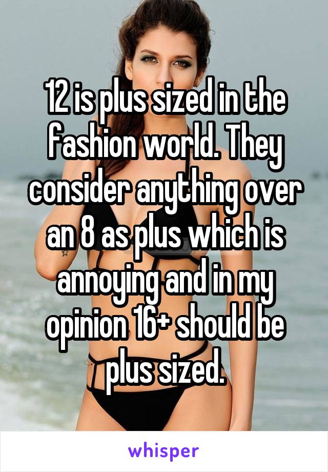 12 is plus sized in the fashion world. They consider anything over an 8 as plus which is annoying and in my opinion 16+ should be plus sized.